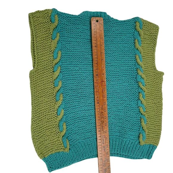 Hand Knit Handmade Pullover Sweater Vest Women's M Colorblock Blue Green NEW - Picture 10 of 11